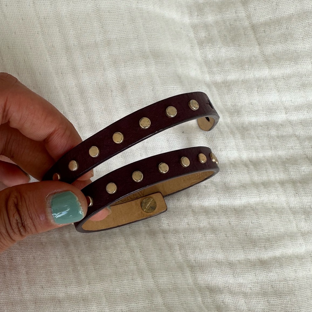 J Crew Leather studded wrap bracelet - gold studs and Dark Purple leather